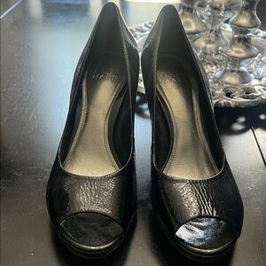 Alex Marie Glossy Black Peep-Toe Heels